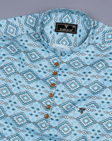 Magic Blue Geometric Pattern Linen Cotton Shirt Style Kurta