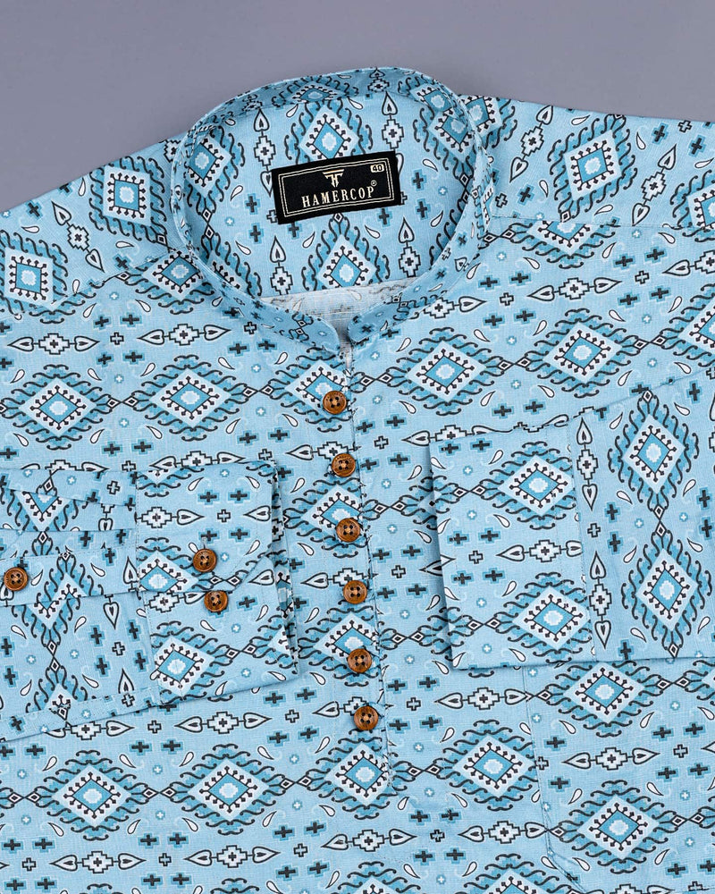 Magic Blue Geometric Pattern Linen Cotton Shirt Style Kurta