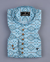 Magic Blue Geometric Pattern Linen Cotton Shirt Style Kurta