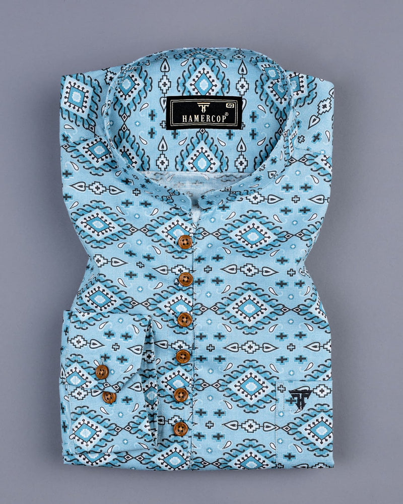 Magic Blue Geometric Pattern Linen Cotton Shirt Style Kurta