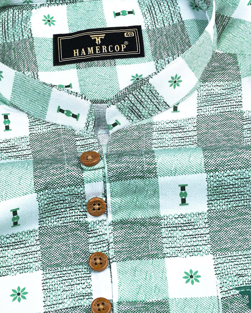 Retro Green Sudoku Check Printed Cotton Shirt Style Kurta