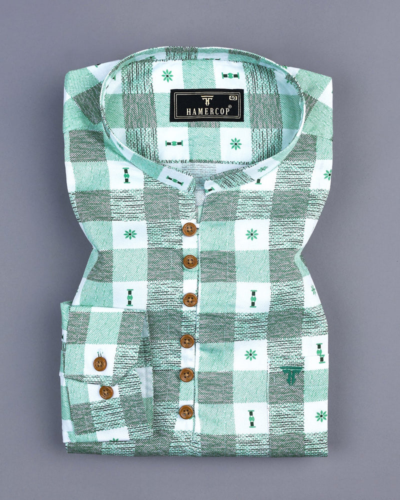 Retro Green Sudoku Check Printed Cotton Shirt Style Kurta