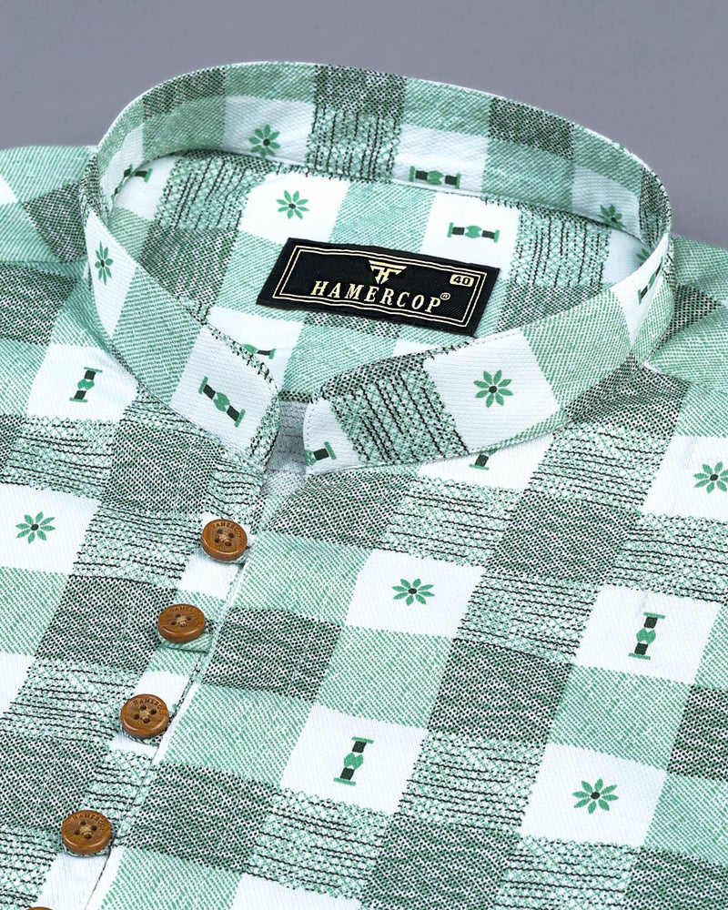 Retro Green Sudoku Check Printed Cotton Shirt Style Kurta