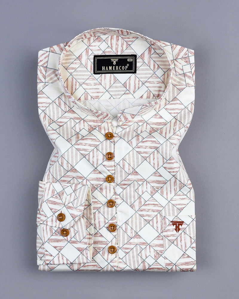 Lucas Cream With Brown Block Printed Cotton Shirt Style Kurta