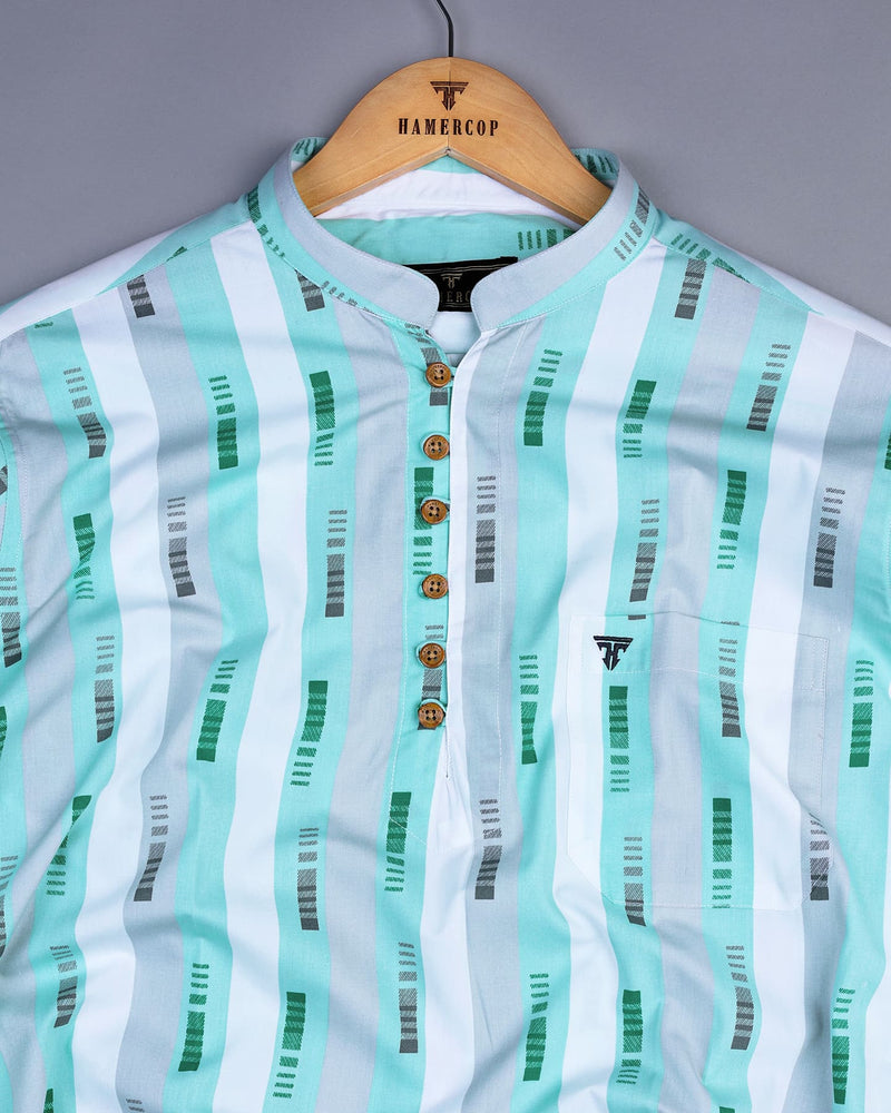 Chiffon Turquoise Blue MultiStriped Cotton Shirt Style Kurta