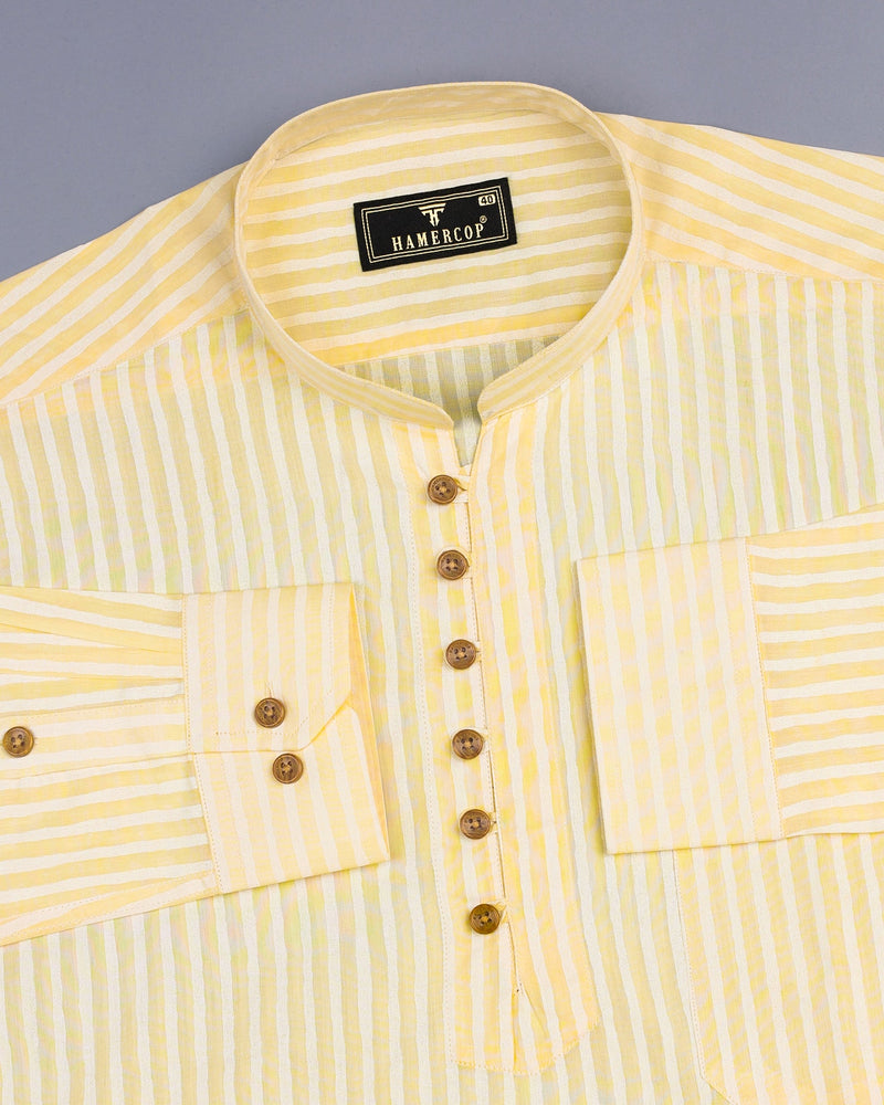 Light Goldenrod Yellow Striped Cotton Shirt Style Kurta