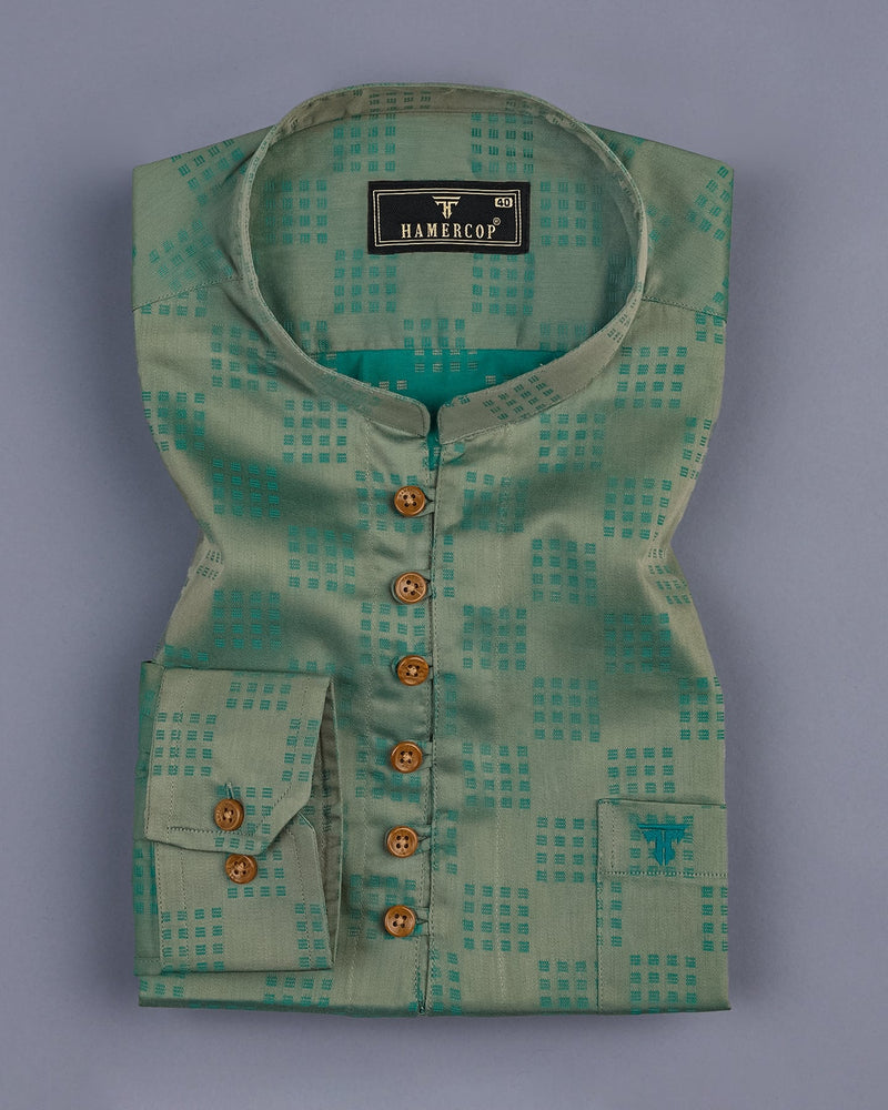 Green Sorbet Jacquard Square Checks Cotton Shirt Style Kurta