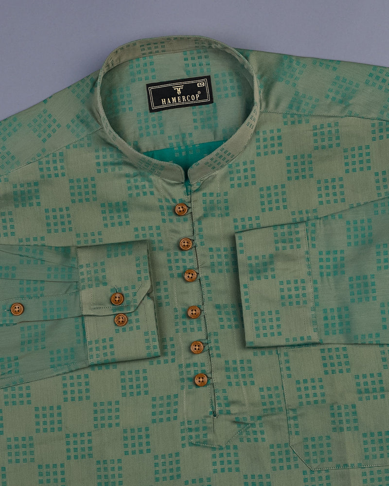 Green Sorbet Jacquard Square Checks Cotton Shirt Style Kurta