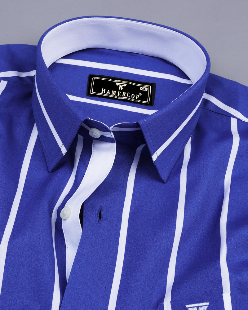 Met Blue With White Broad Stripe Designer Cotton Shirt