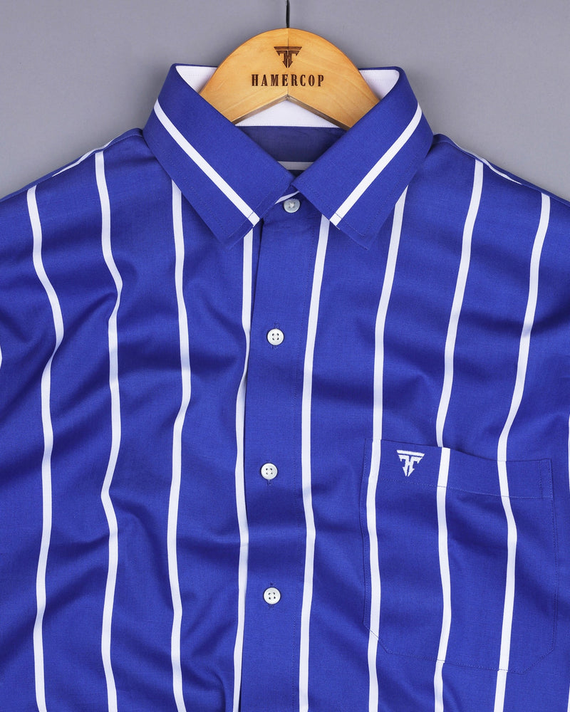 Met Blue With White Broad Stripe Designer Cotton Shirt