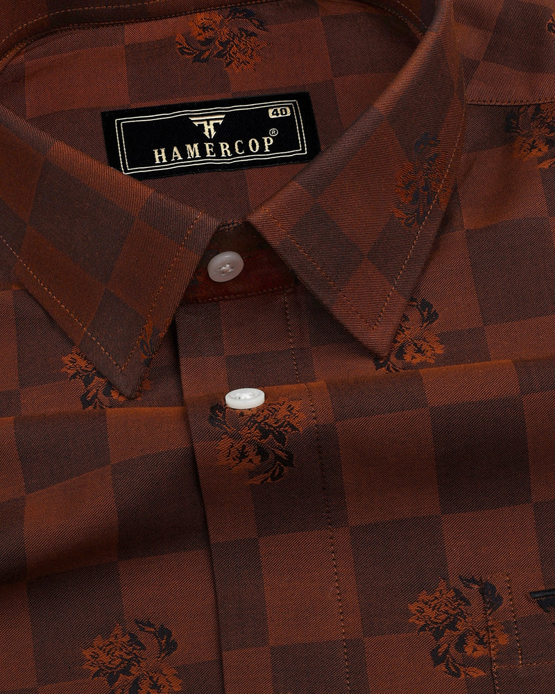 Cinnamon Brown Jacquard Textured Sudoku Check Cotton Shirt