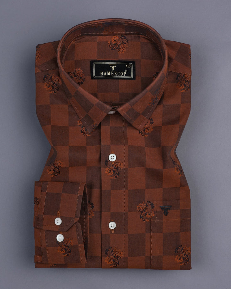 Cinnamon Brown Jacquard Textured Sudoku Check Cotton Shirt