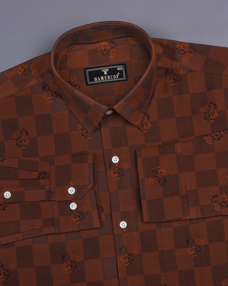 Cinnamon Brown Jacquard Textured Sudoku Check Cotton Shirt