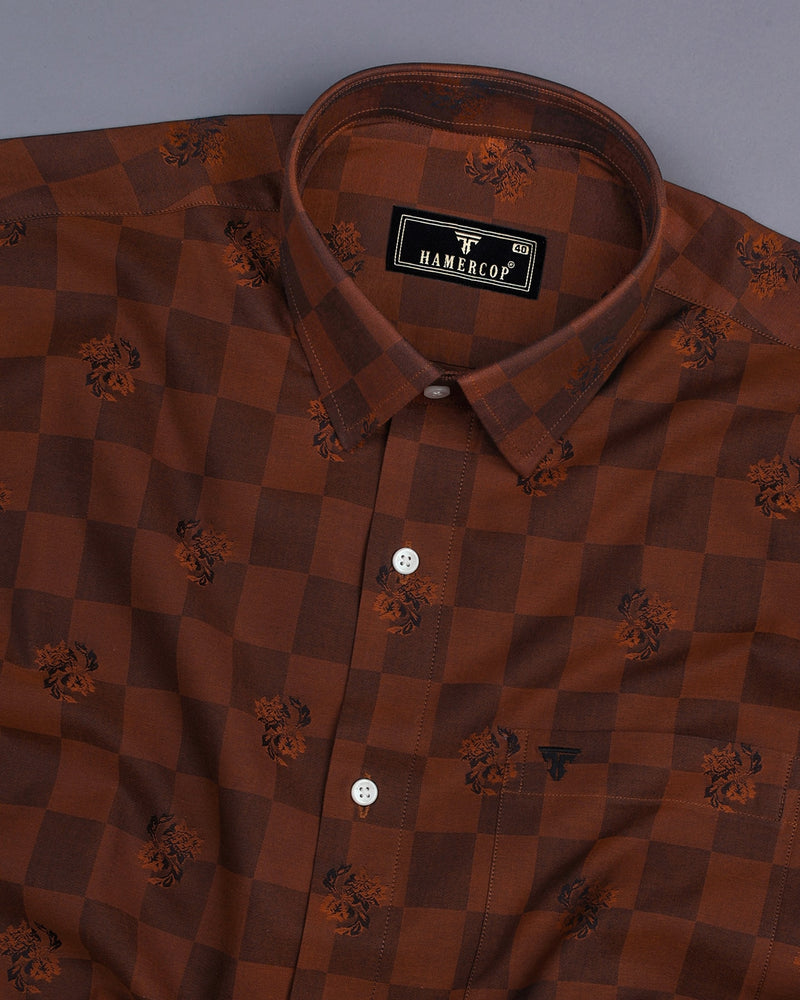 Cinnamon Brown Jacquard Textured Sudoku Check Cotton Shirt