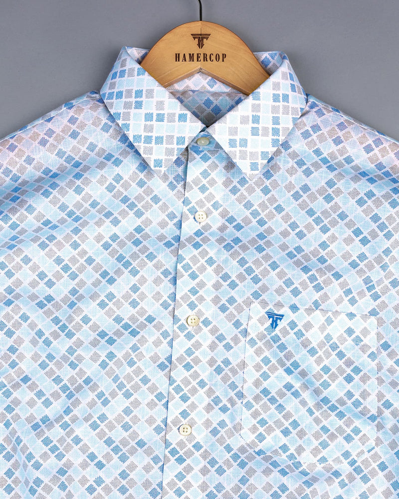 Melody Blue Square Block Printed Amsler Linen Cotton Shirt