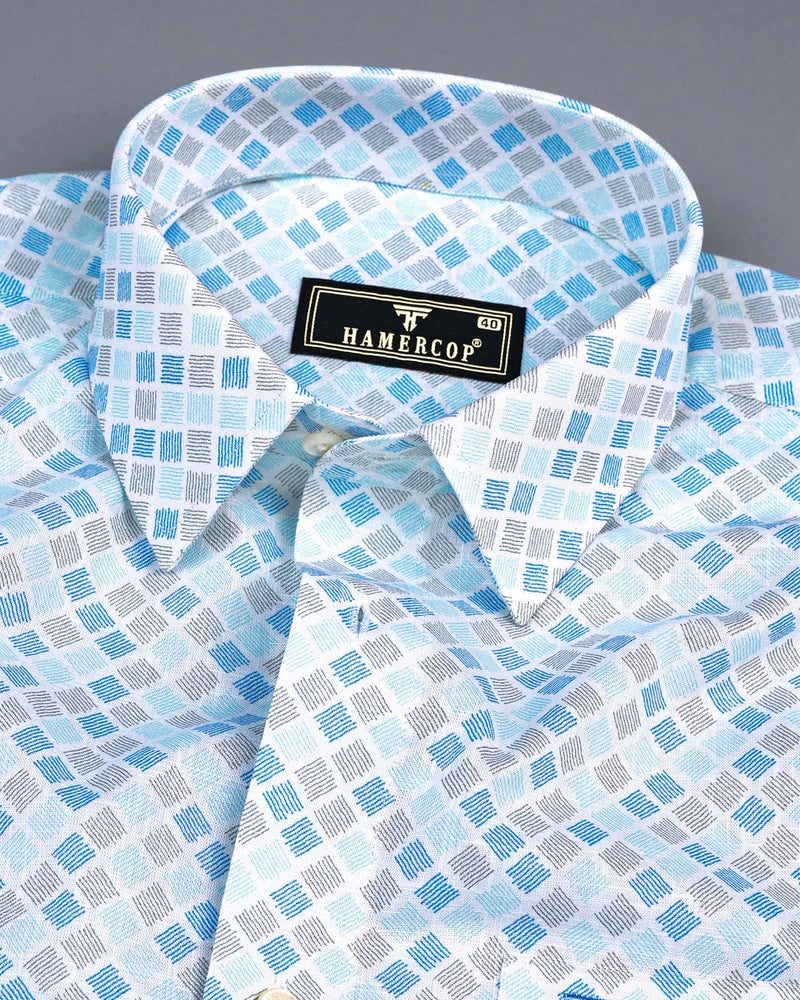 Melody Blue Square Block Printed Amsler Linen Cotton Shirt