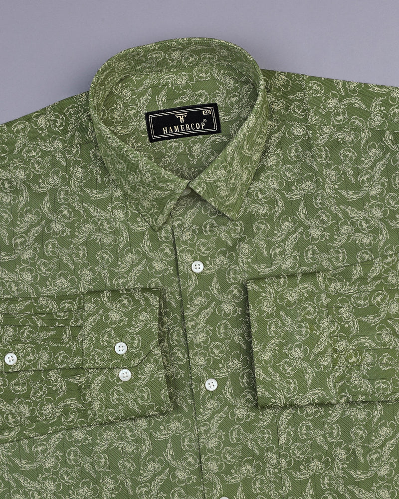 Lupine Green Flower Printed Self Stripe Dobby Cotton Shirt