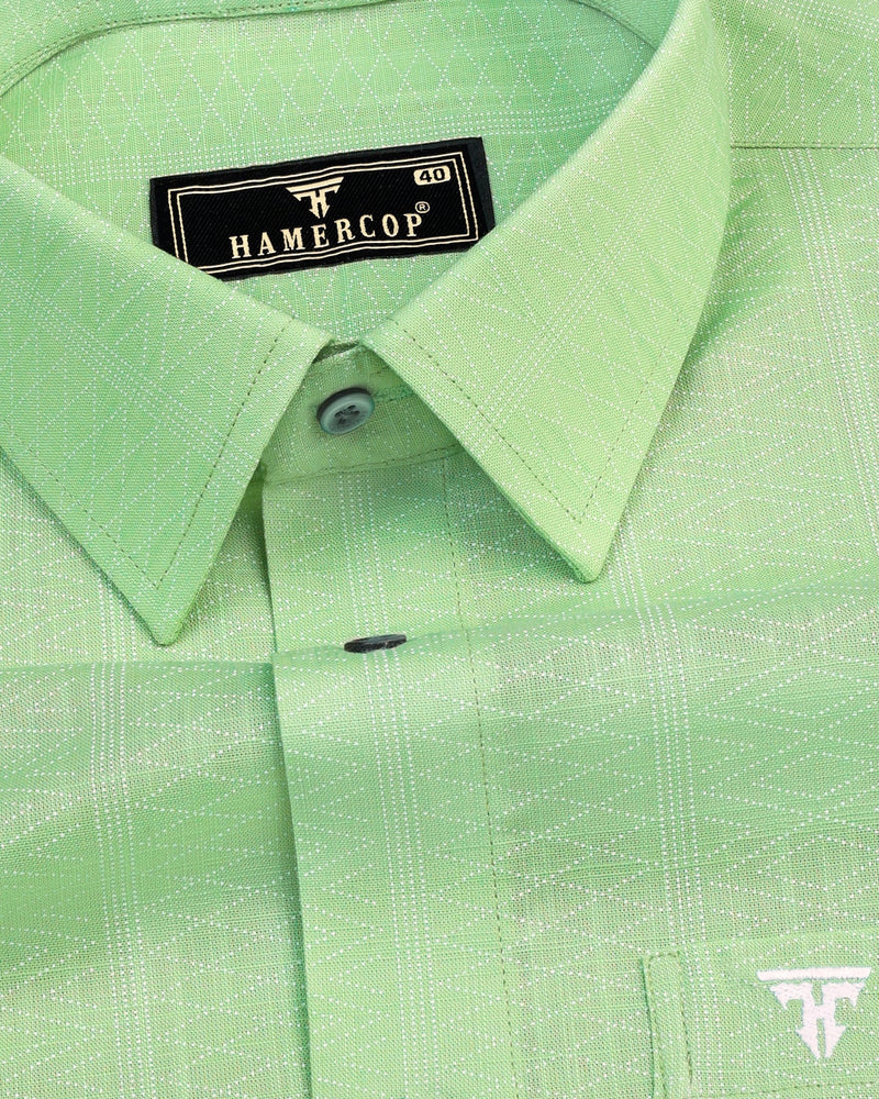 Midas Green With White Geometrical Printed Linen Cotton Shirt