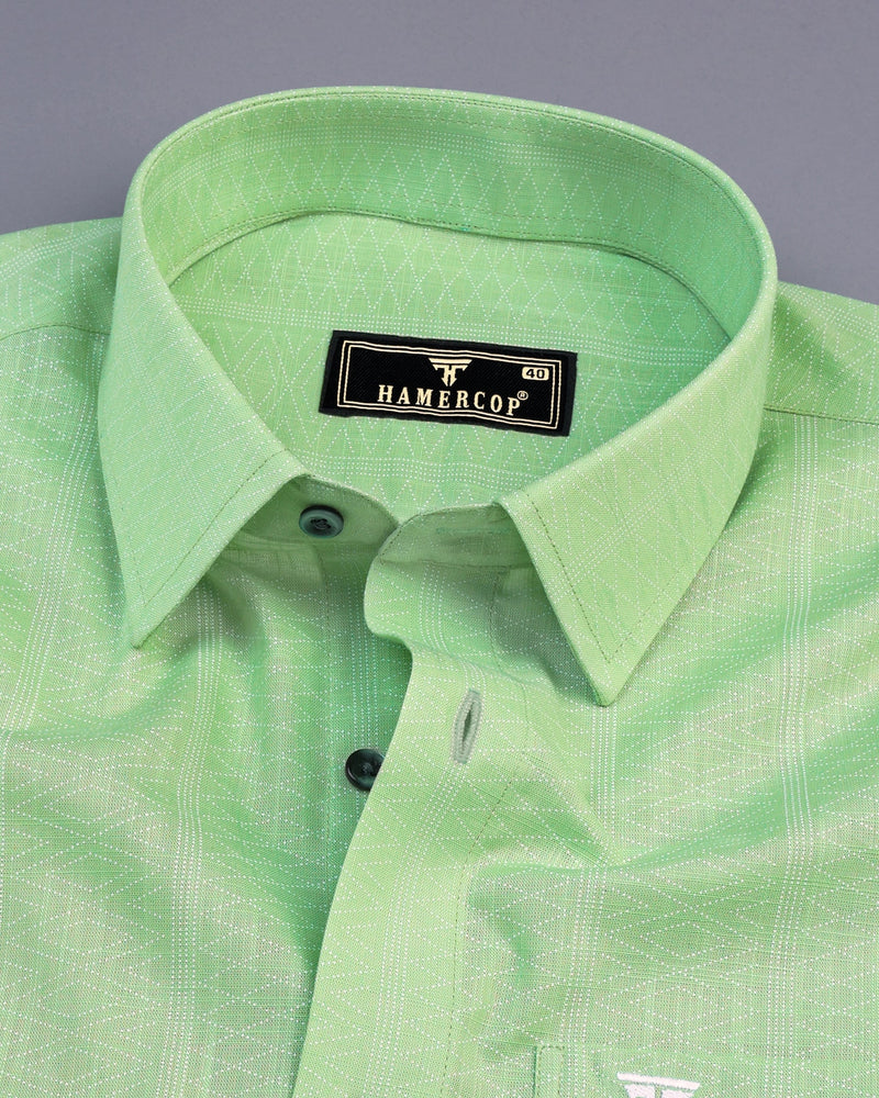 Midas Green With White Geometrical Printed Linen Cotton Shirt