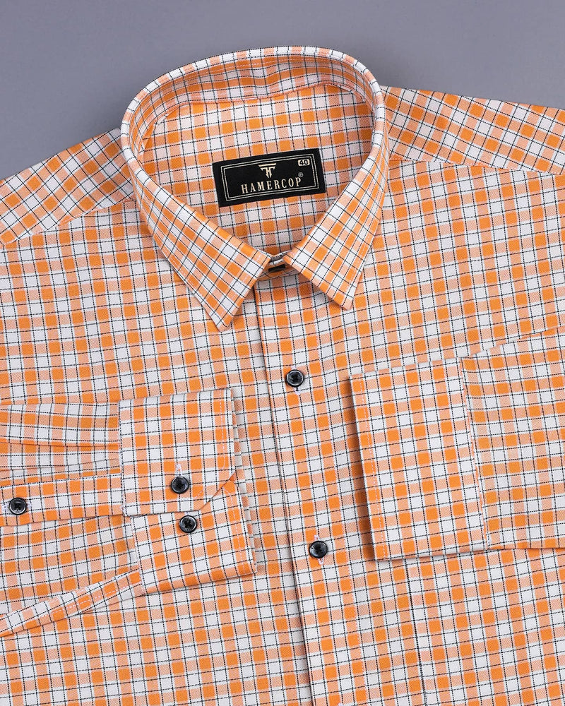 Melon Orange With White Oxford Check Formal Cotton Shirt