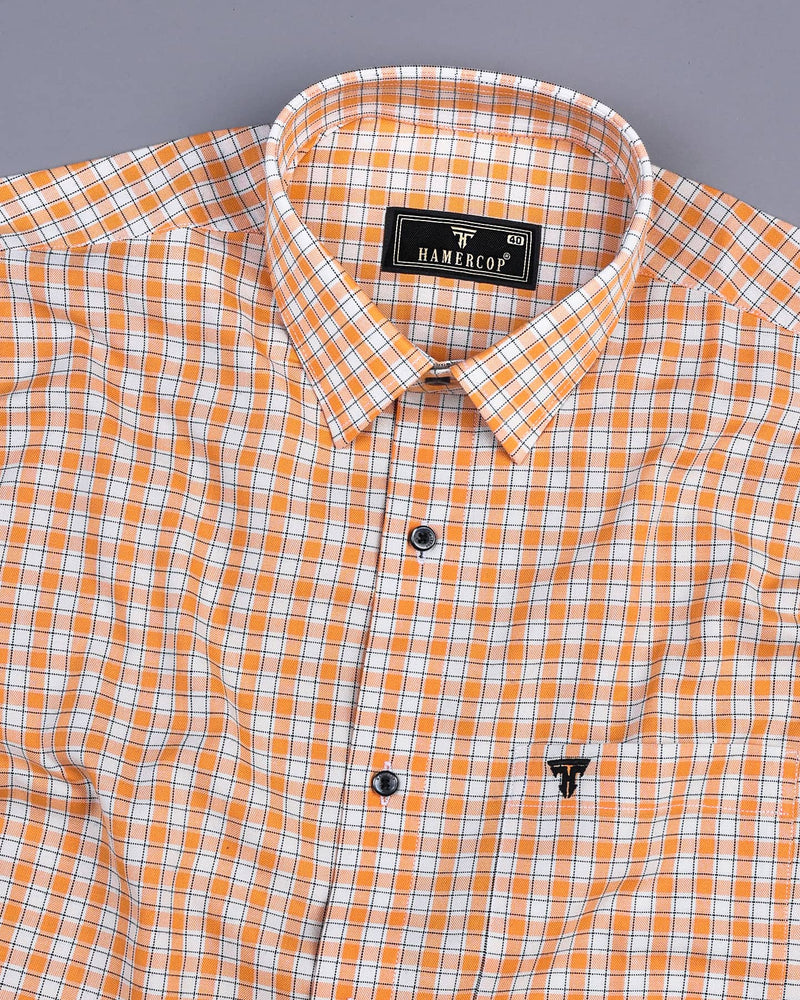 Melon Orange With White Oxford Check Formal Cotton Shirt