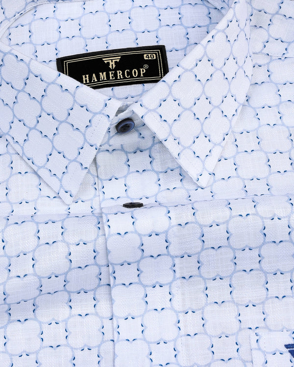 Rewa Blue With White Printed Amsler Linen Cotton Shirt