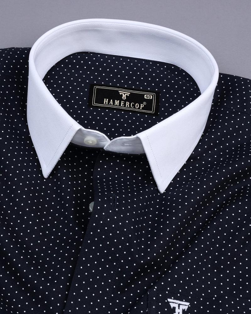 NavyBlue With White Dot Polka Printed Cotton Designer Shirt