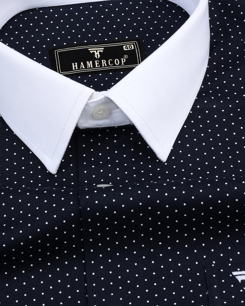 NavyBlue With White Dot Polka Printed Cotton Designer Shirt