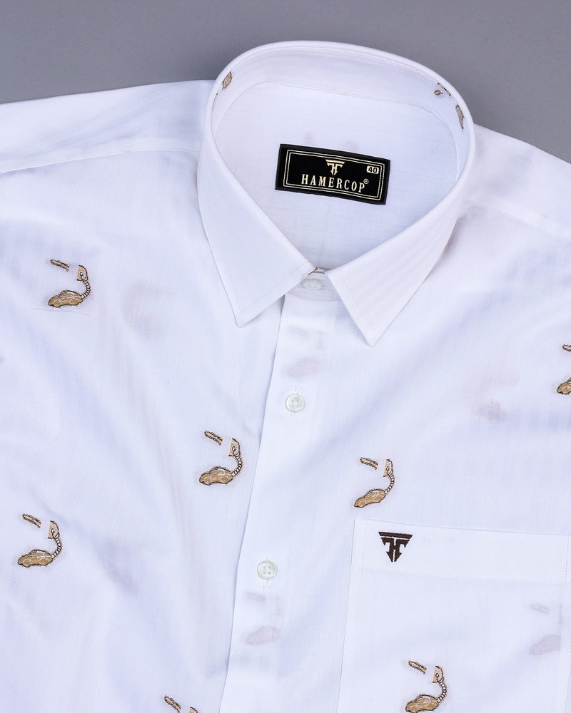 Calico Brown Jacquard Printed With White Self Stripe Cotton Shirt