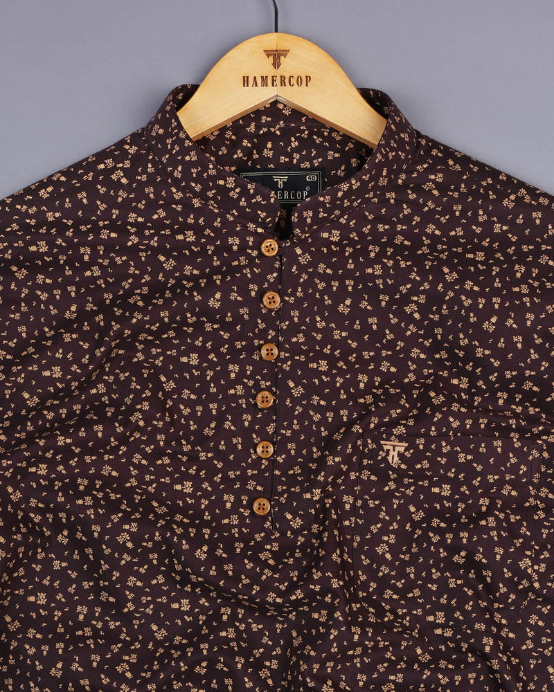 Dark Chocolate Brown Printed Dobby Cotton Shirt Style Kurta