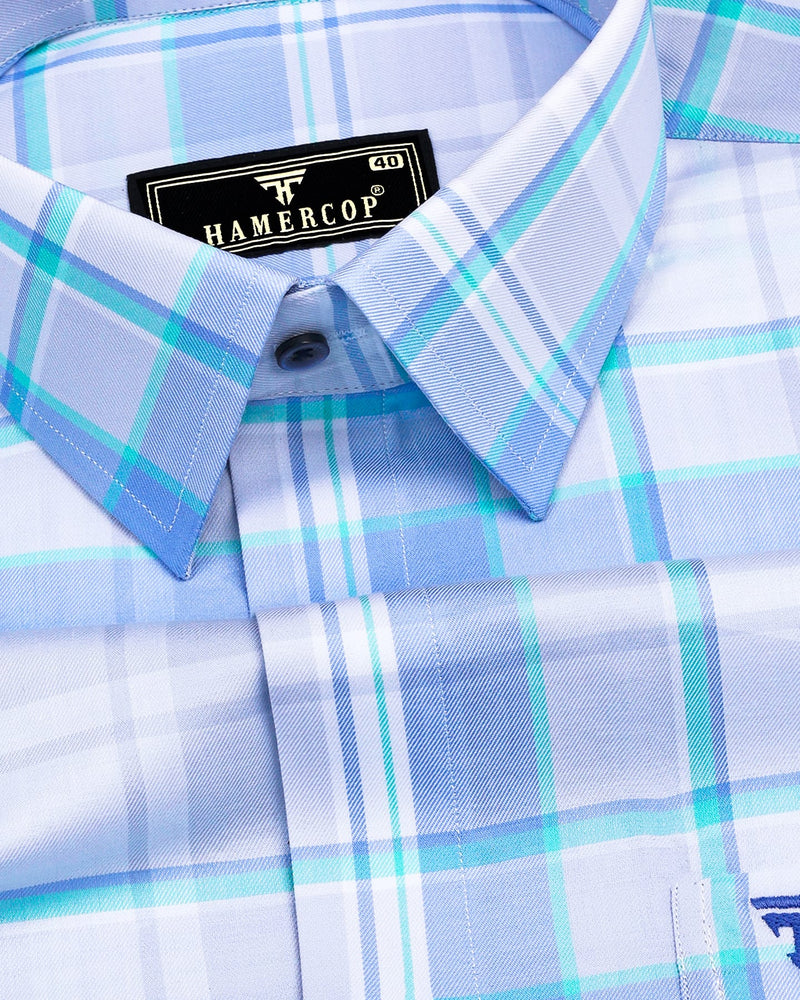 Turin Blue With White Twill Check Cotton Shirt