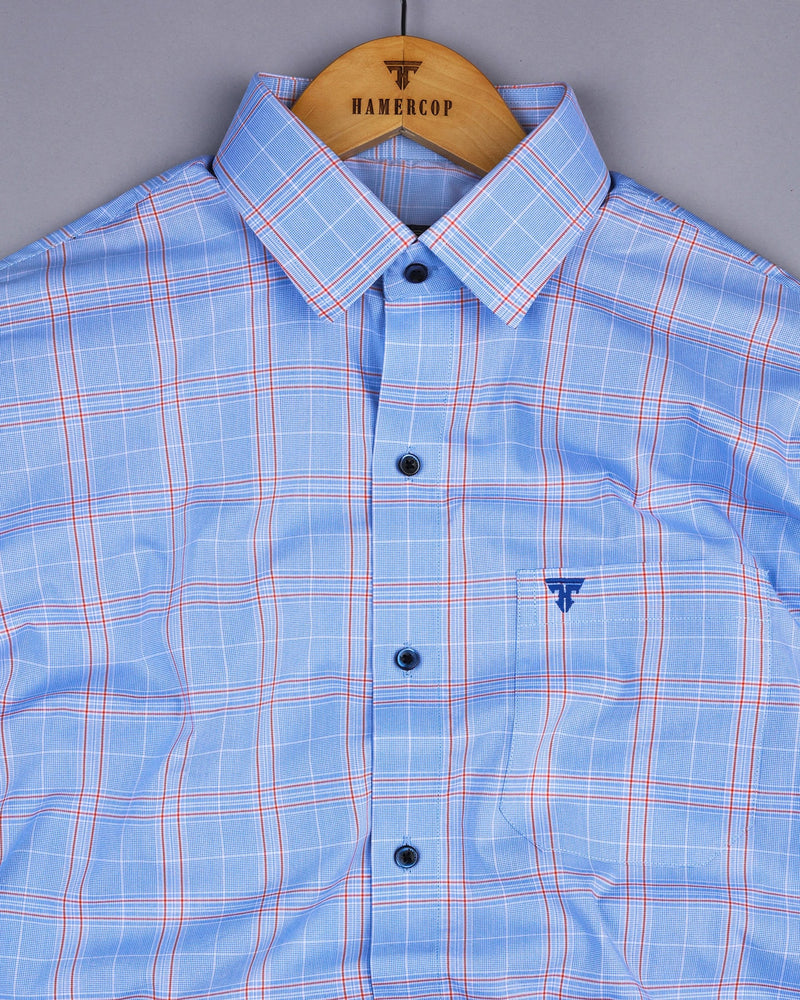 Bliss SkyBlue With Orange Micro Check Formal Cotton Shirt