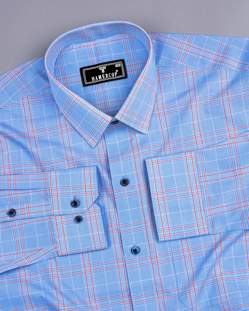 Bliss SkyBlue With Orange Micro Check Formal Cotton Shirt