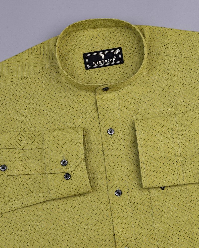 Bitter Lemon Green Multi Square Printed Dobby Cotton Shirt