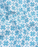 Blue Folk Flower Poplin Printed White Cotton Shirt Style Kurta