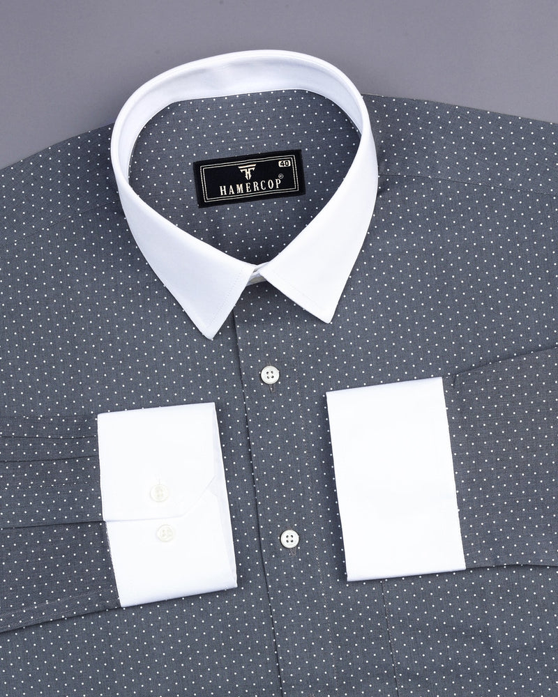 Gray With White Small Polka Dot Printed Designer Cotton Shirt