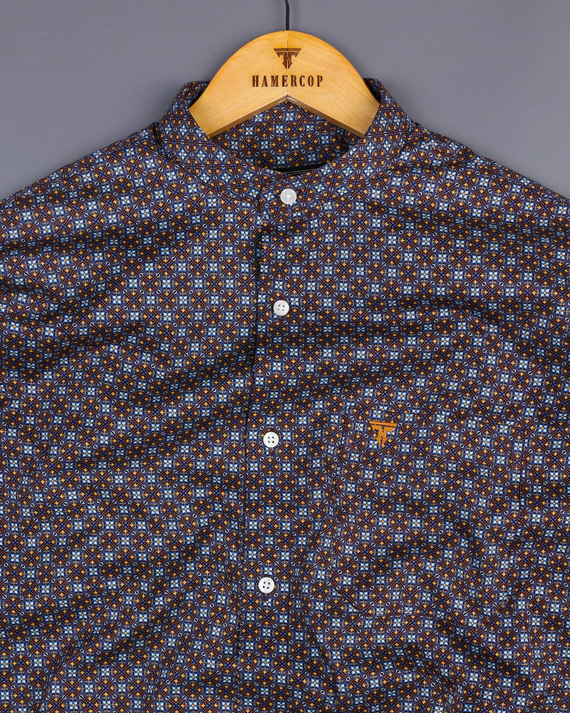 Brown With SkyBlue Ancient Geometrical Printed Cotton Shirt