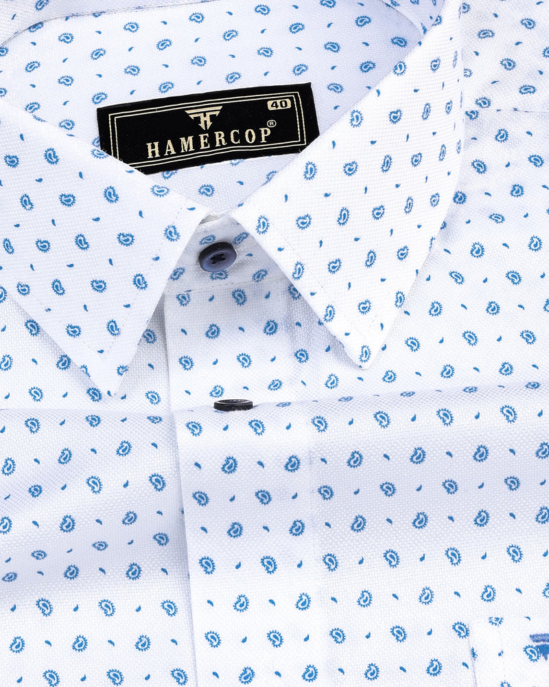 Skyblue With White Small Paisely Printed Dobby Cotton Shirt