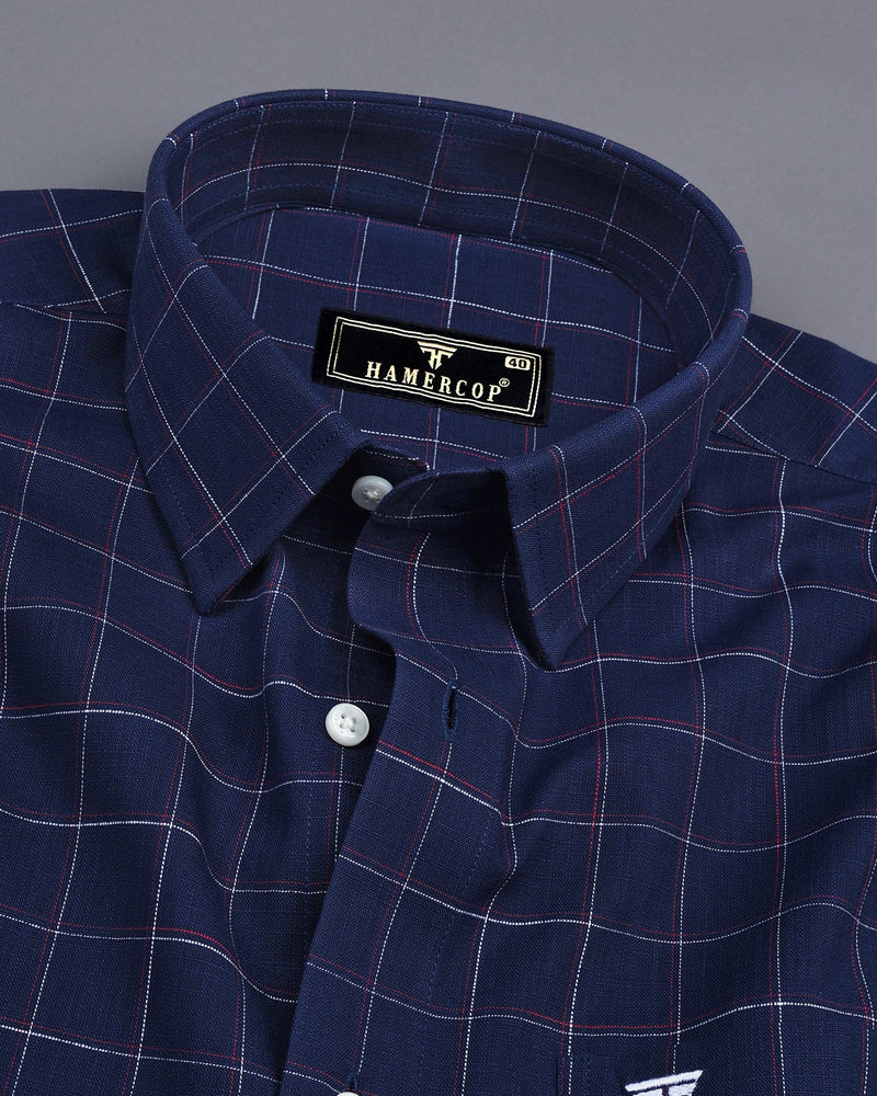 Harbin Blue With White And Red Check Amsler Linen Shirt