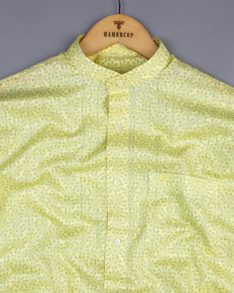 Revora Yellow Flower Printed Self Stripe Dobby Cotton Shirt