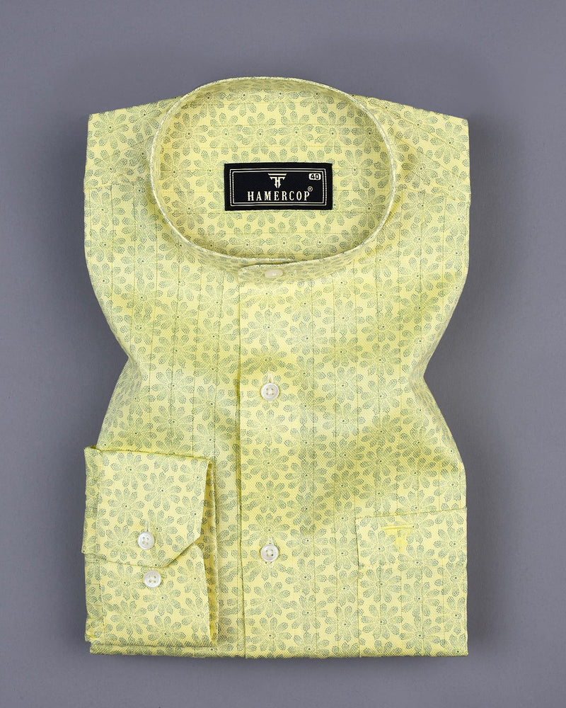 Revora Yellow Flower Printed Self Stripe Dobby Cotton Shirt