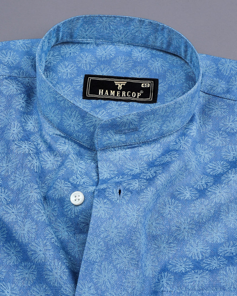 Blue Passion Flower Printed Dobby Formal Cotton Shirt