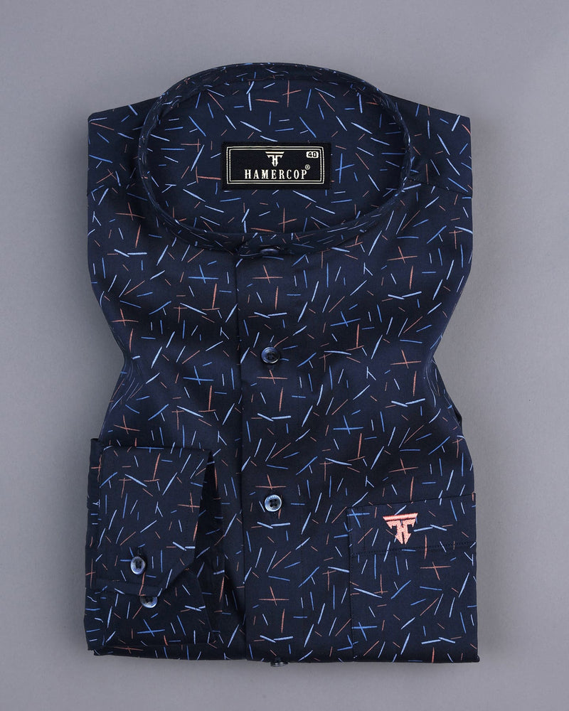 Denver NavyBlue With Orange And SkyBlue Printed Satin Cotton Shirt