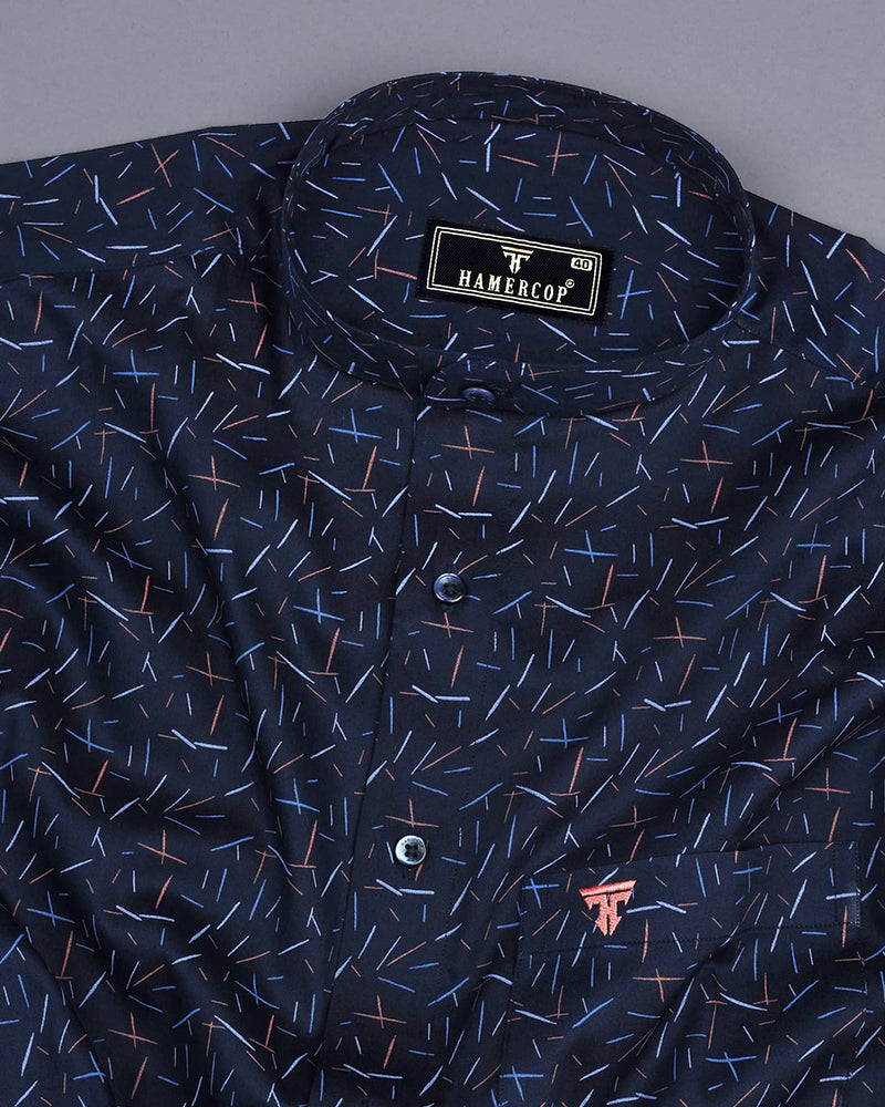 Denver NavyBlue With Orange And SkyBlue Printed Satin Cotton Shirt