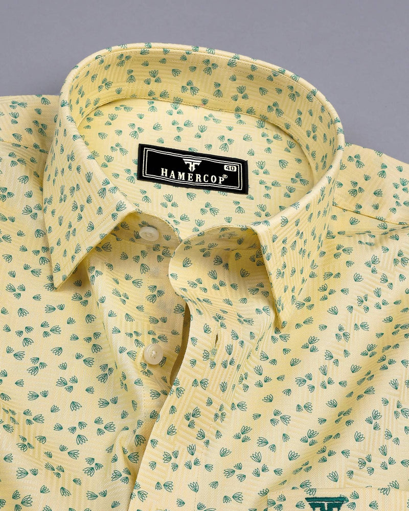 Thorium Light Yellow Printed Dobby Texture Cotton Shirt