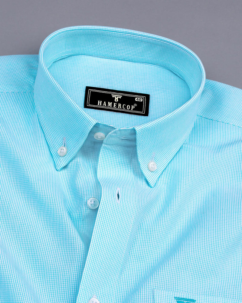 Aqua Blue Small Graph Check Formal Cotton Shirt