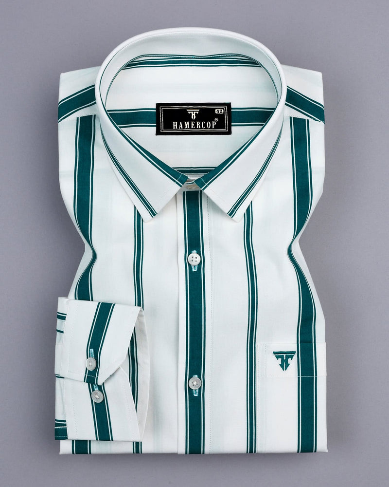 White With Peacock Green Stripe Formal Cotton Shirt