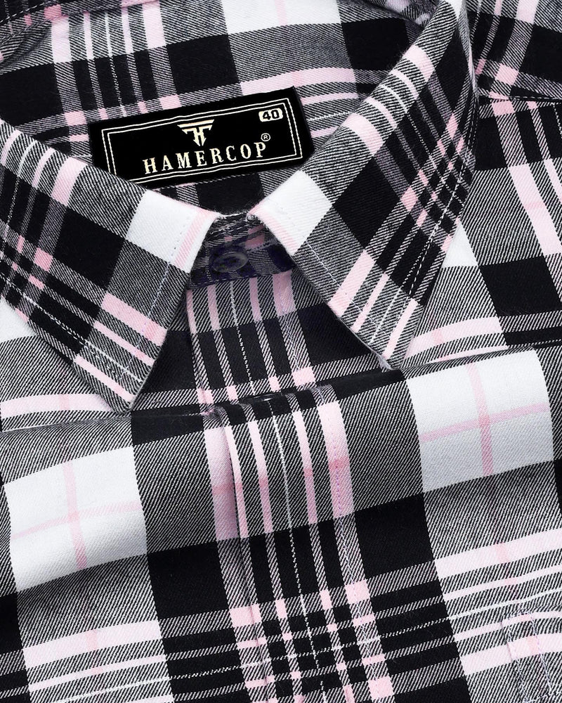 Black With Pink Twill Check Plaid Flannel Cotton Shirt