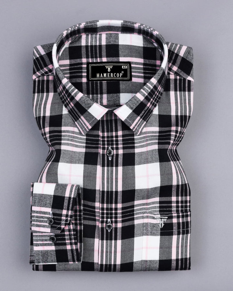 Black With Pink Twill Check Plaid Flannel Cotton Shirt