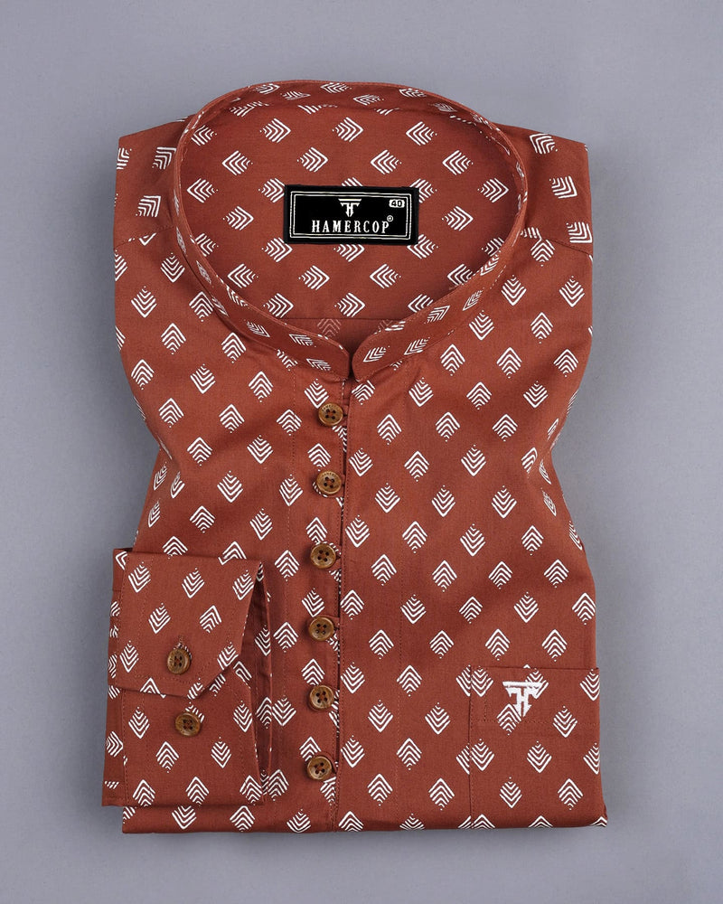 Mars Brown With White Poplin Printed Cotton Shirt Style Kurta